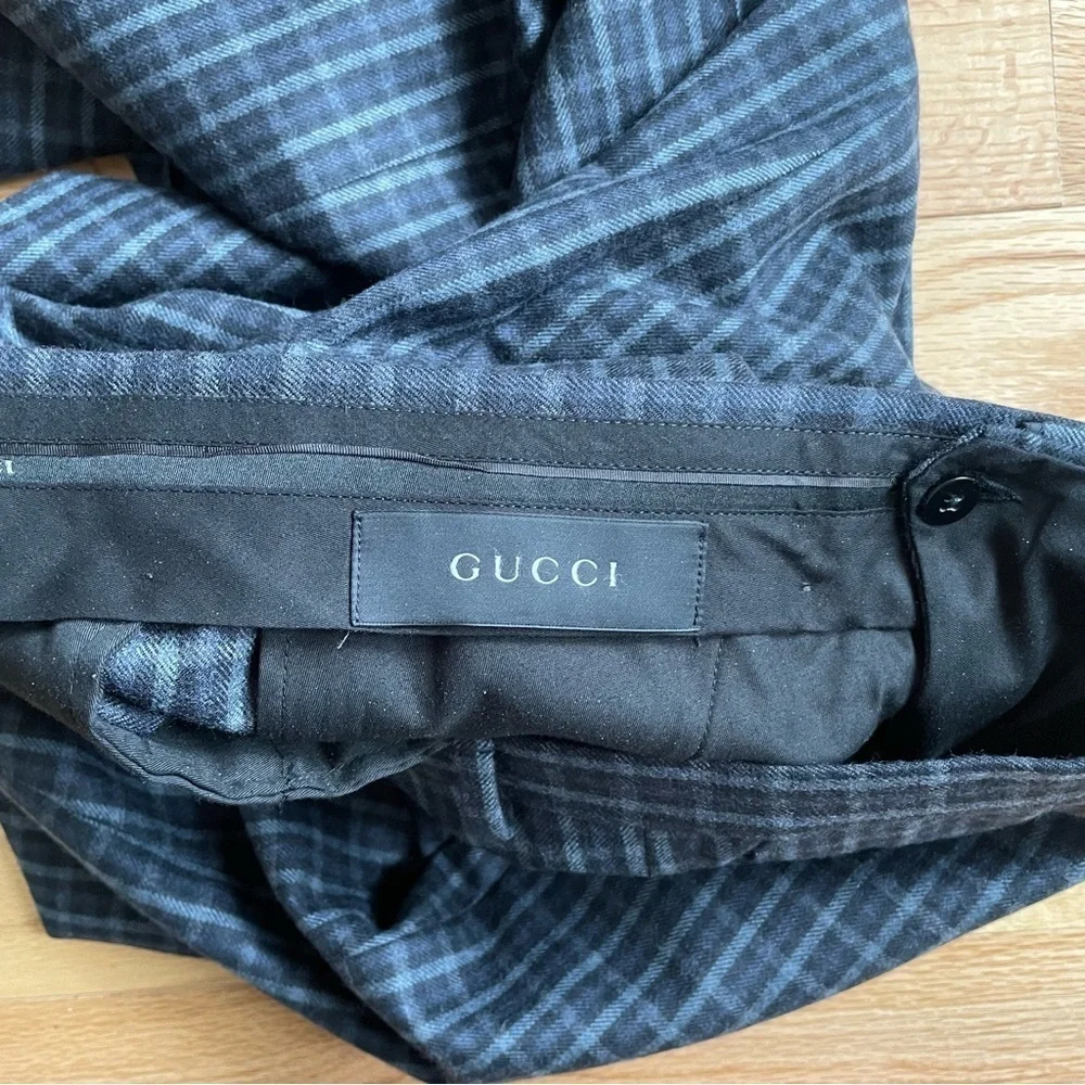 Gucci Men’s Blue Black Gray Check Plaid Wool Trouser Pants EUC Size 48R